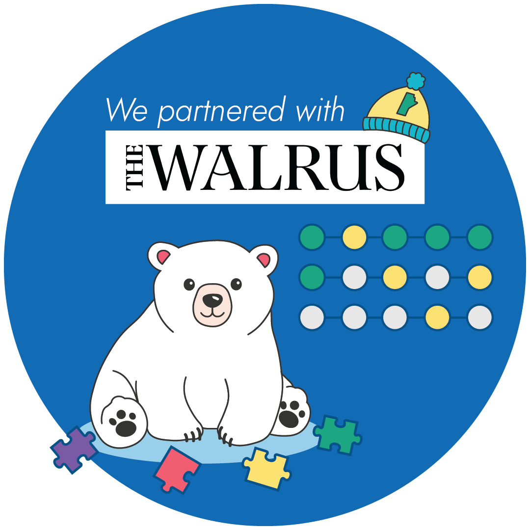 Graphic showing a polar bear surrounded by puzzle pieces and yellow, green and grey circles representing the famous wordle game.